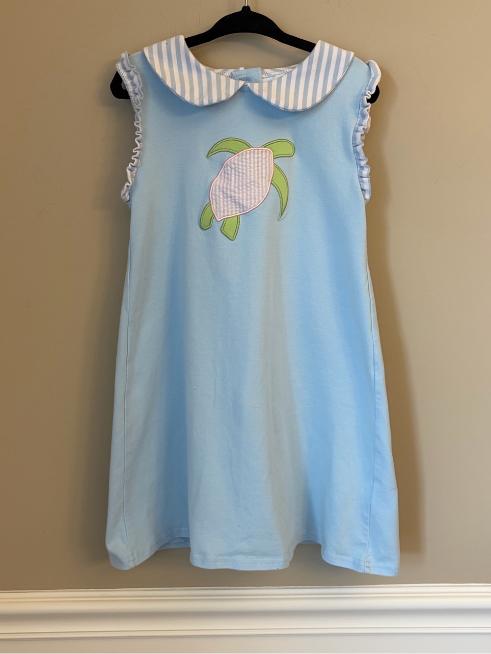 Stitchy Fish Blue Sleeveless Dress with Striped Collar and Turtle Appliqué, 4T